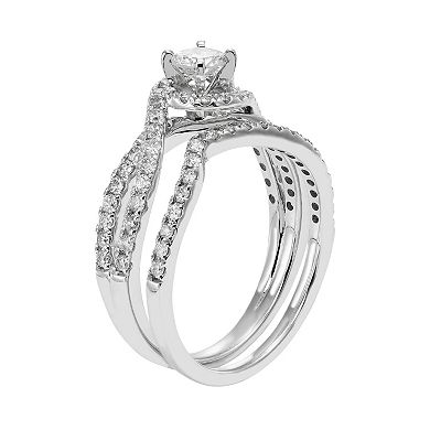 14k White Gold IGL Certified 1 Carat T.W. Diamond Swirl Halo Engagement Ring Set