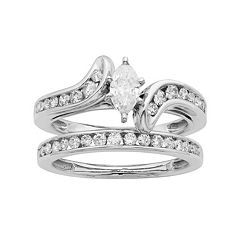 14k Gold IGL Certified 1 Carat T.W. Diamond Marquise Bypass Engagement Ring Set by