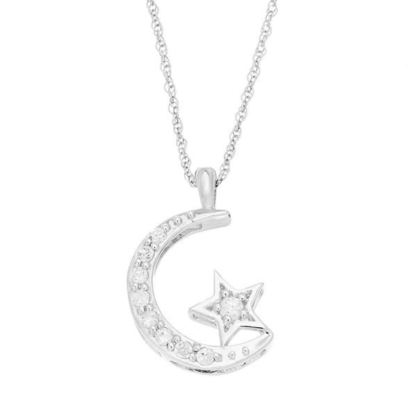 1/10 Carat T.W. Diamond 10k White Gold Moon & Star Pendant Necklace