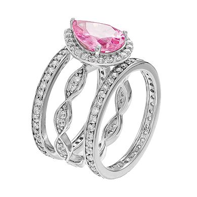 Sophie Miller Sterling Silver Cubic Zirconia Teardrop Ring Set