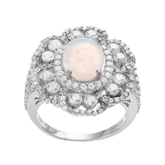 Sophie Miller Sterling Silver Lab-Created Opal & Cubic Zirconia Flower Ring