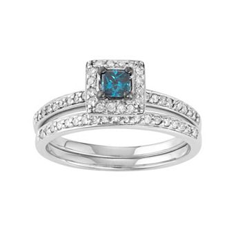 HDI 10k White Gold 1/2 Carat T.W. Blue & White Diamond Engagement Ring Set