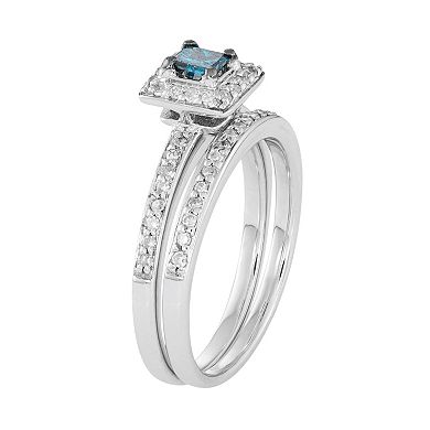 10k White Gold 1/2 Carat T.W. Blue & White Diamond Engagement Ring Set