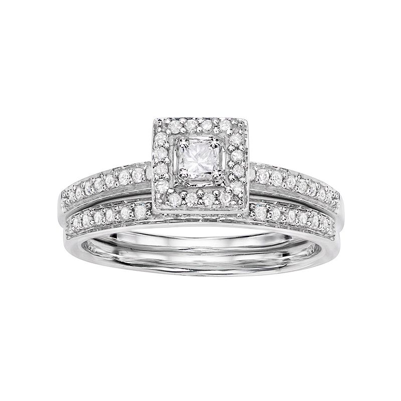 10k White Gold 1/2 Carat T.W. Diamond Halo Engagement Ring Set, Womens, Si