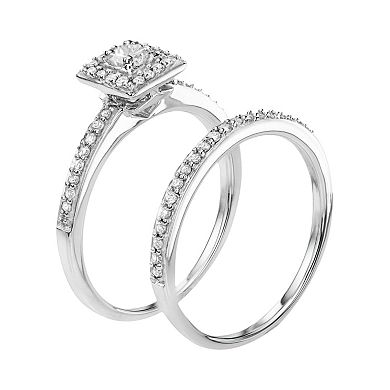 10k White Gold 1/2 Carat T.W. Diamond Halo Engagement Ring Set