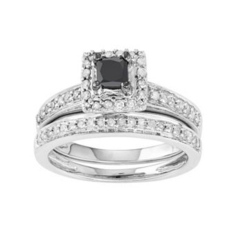 HDI 10k White Gold 1/2 Carat T.W. Black & White Diamond Engagement Ring Set