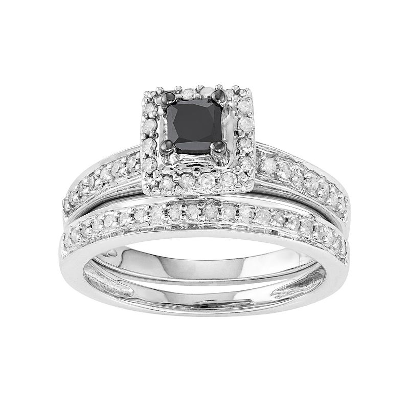 10k White Gold 1/2 Carat T.W. Black & White Diamond Engagement Ring Set, Wo
