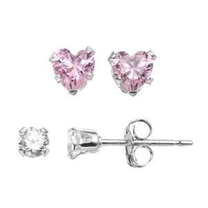 Charming Girl Kids' Sterling Silver Cubic Zirconia Heart Stud Earring Set - Made with Swarovski Zirconia