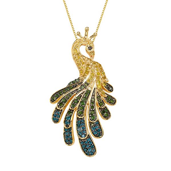 Sterling Silver 9/10 Carat T.W. Diamond Peacock Pendant Necklace