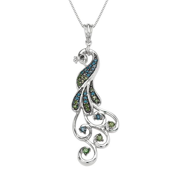 Sterling Silver 1/3 Carat T.W. Diamond Peacock Pendant Necklace