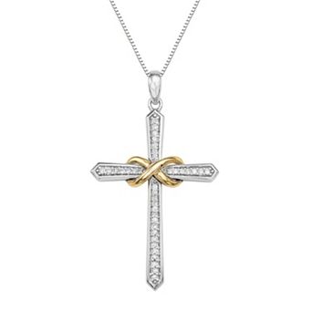 HDI Two Tone Sterling Silver 1/8 Carat T.W. Diamond Cross Pendant Necklace