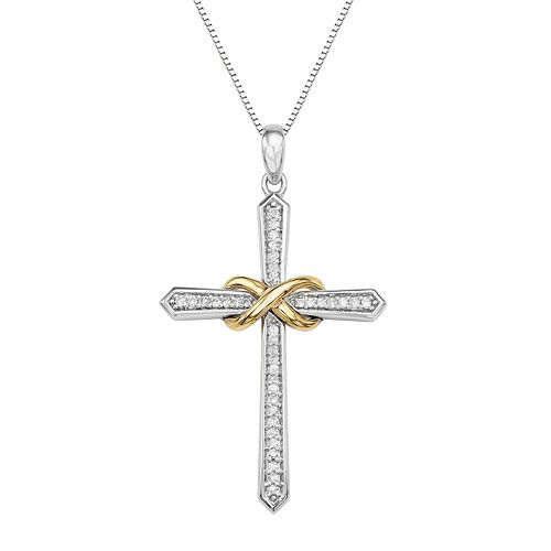 Two Tone Sterling Silver 1/8 Carat T.W. Diamond Cross Pendant Necklace