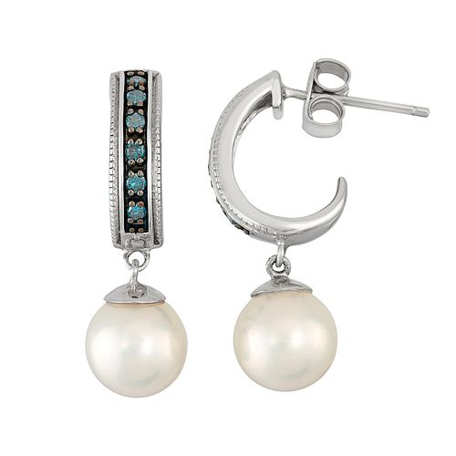 Freshwater Cultured Pearl And 110 Carat Tw Blue Diamond Sterling Silver Hoop Drop Earrings 3542