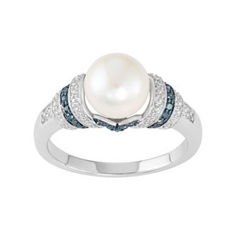 Freshwater Cultured Pearl & Blue Diamond Accent Sterling Silver Striped Ring
