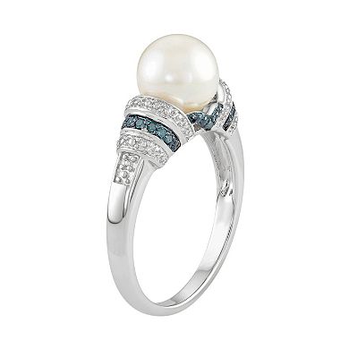 Freshwater Cultured Pearl & Blue Diamond Accent Sterling Silver Striped Ring