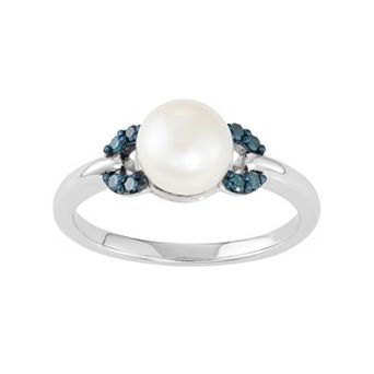 Freshwater Cultured Pearl & Blue Diamond Accent Sterling Silver Ring