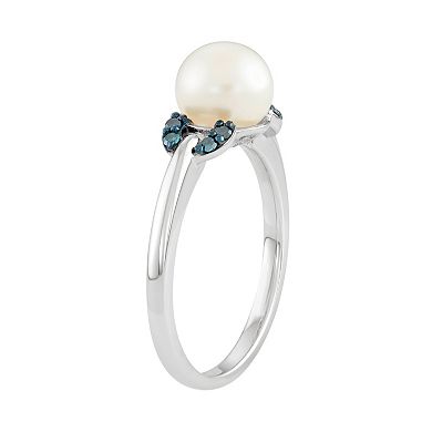 Freshwater Cultured Pearl & Blue Diamond Accent Sterling Silver Ring