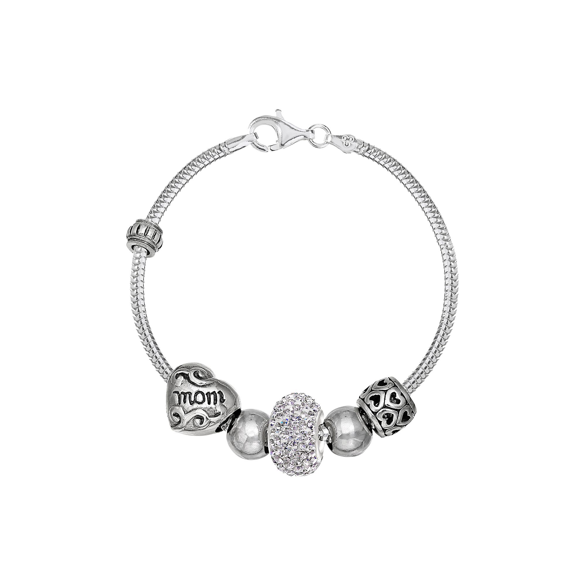 Individuality Beads Crystal Sterling Silver Mom Bead Snake Chain Brace