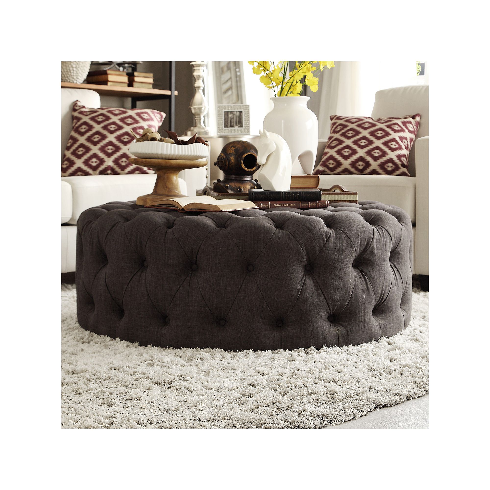 HomeVance Vanderbilt Button Tufted Round Cocktail Ottoman, Dark Gray