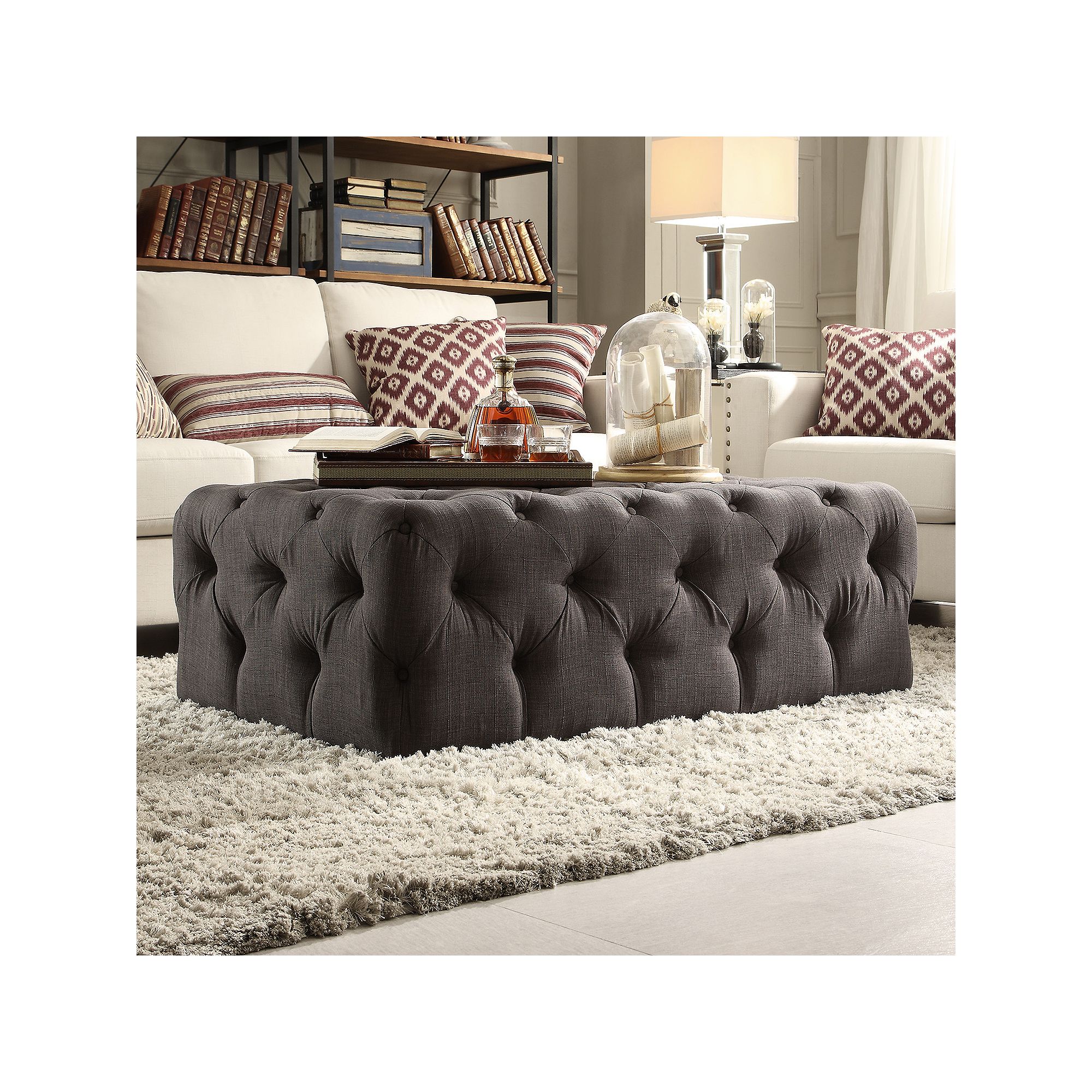 HomeVance Vanderbilt Button Tufted Rectangular Cocktail Ottoman, Dark Gray