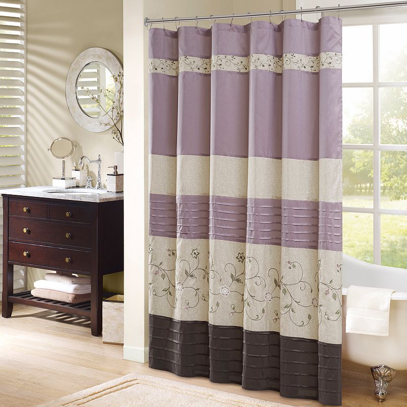 Madison Park Belle Faux Silk Embroidered Floral Shower Curtain, Purple, 72X