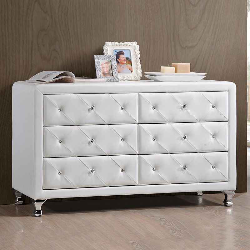 Baxton Studio Stella Crystal Tufted Upholstered 6 Drawer Modern Dresser