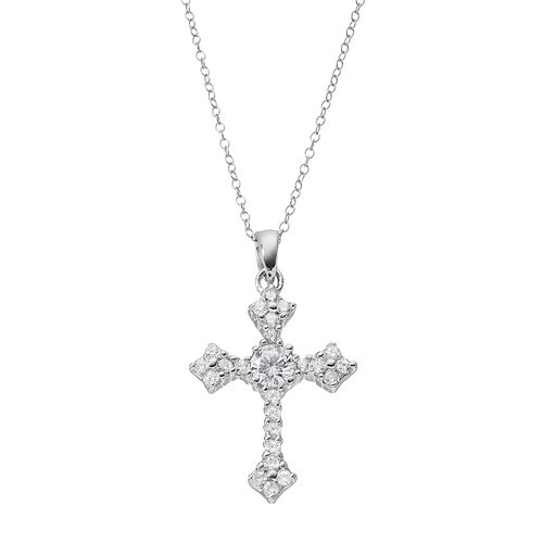 Cubic Zirconia Sterling Silver Cross Pendant Necklace