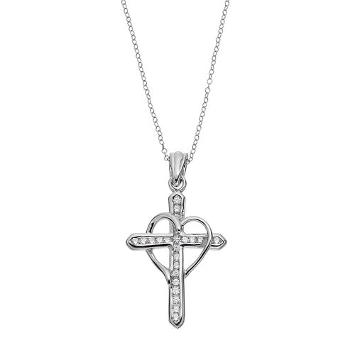 Cubic Zirconia Sterling Silver Heart & Cross Pendant Necklace