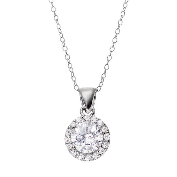 Cubic Zirconia Sterling Silver Halo Pendant Necklace