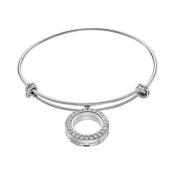 Blue La Rue .8 in Stainless Steel Crystal Round Charm Locket & Bangle Bracelet
