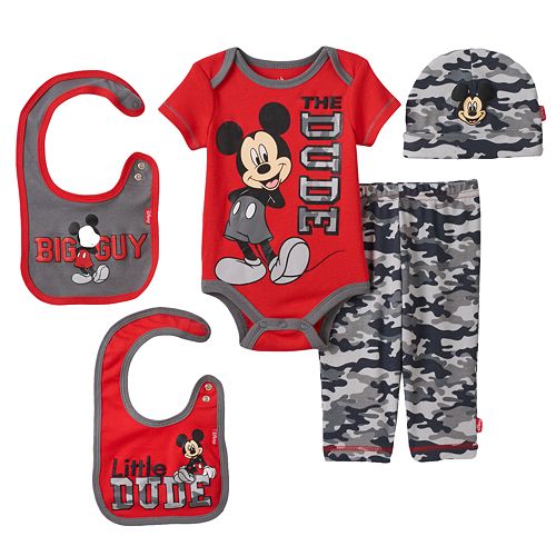 Disney Mickey Mouse Baby Boys Bodysuit Pants Bib /& Cap Layette Set