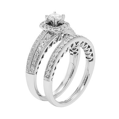 14k White Gold IGL Certified 1 Carat T.W. Diamond Halo Engagement Ring Set