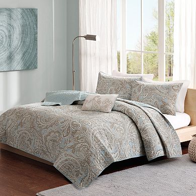 Madison Park Dermot 4-Piece Cotton Quilt Set with Shams and Throw Pillow
