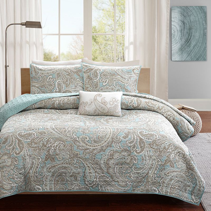 Madison Park Dermot 4-Piece Cotton Quilt Set with Shams and Throw Pillow, B