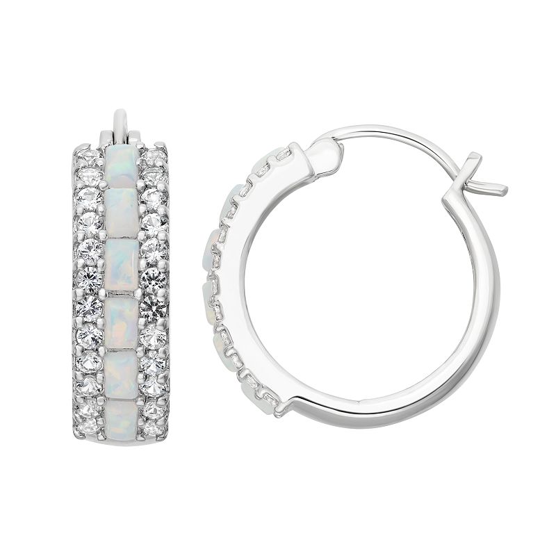 Sterling Silver Lab-Created Opal & Lab-Created White Sapphire Hoop Earrings