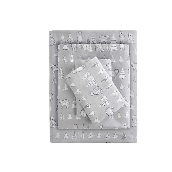 King Printed Pattern Cotton Flannel Sheet Set Gray Bear