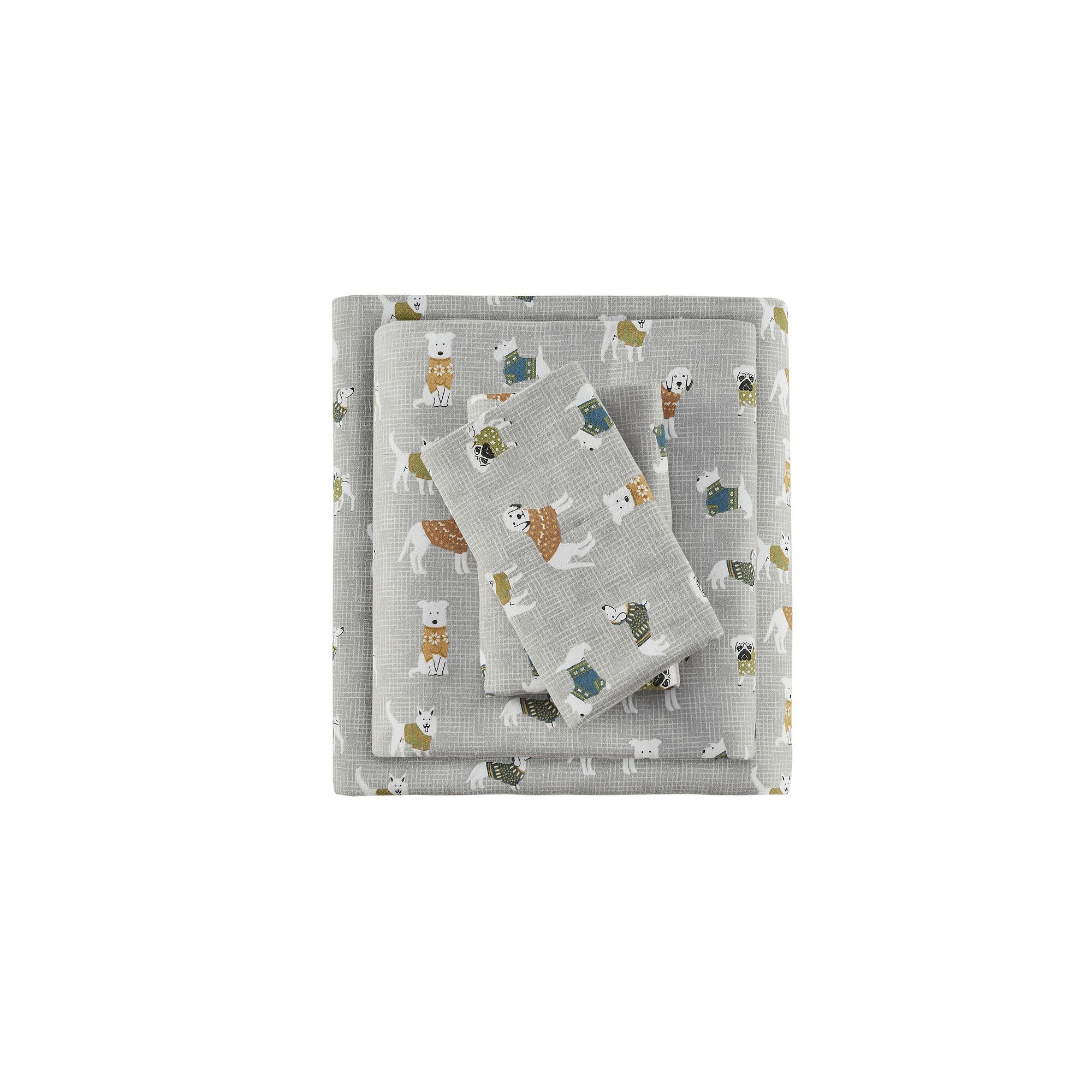 Sleep Philosophy Cozy Cotton Flannel Sheet Set, Gray Dogs