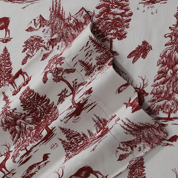 Marwah Corporation Heavyweight 200GSM Cotton Flannel Printed Extra Deep Pocket Sheet Set deer toile deep red King Adult Flannel Toile French Country