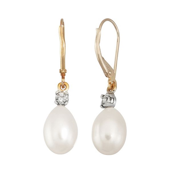 14k Gold Freshwater Cultured Pearl & Diamond Accent Drop Earrings