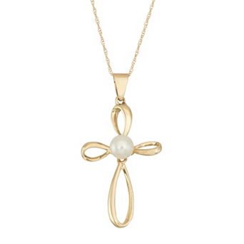 10k Gold Freshwater Cultured Pearl Ribbon Cross Pendant Necklace