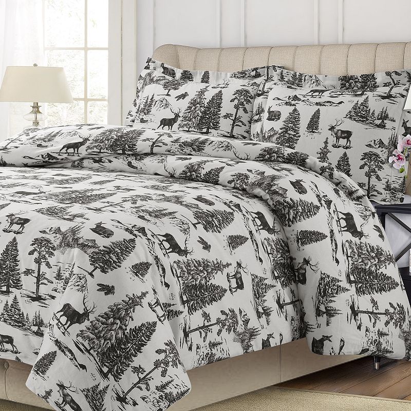 Printed Flannel 3-piece Duvet Cover Set, Dark Grey, King