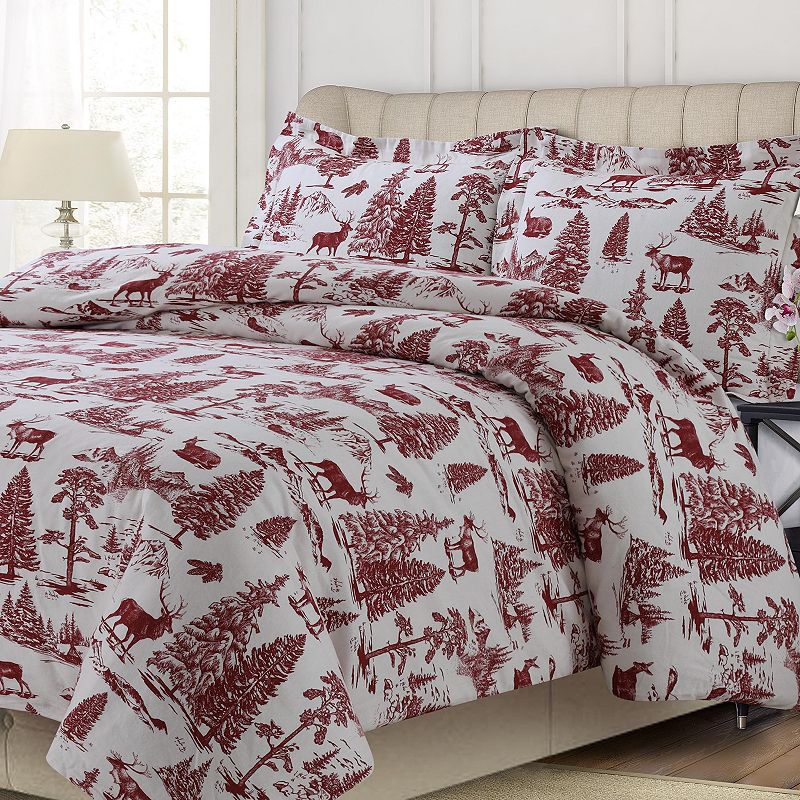 Printed Flannel 3-piece Duvet Cover Set, Dark Red, Full/Queen