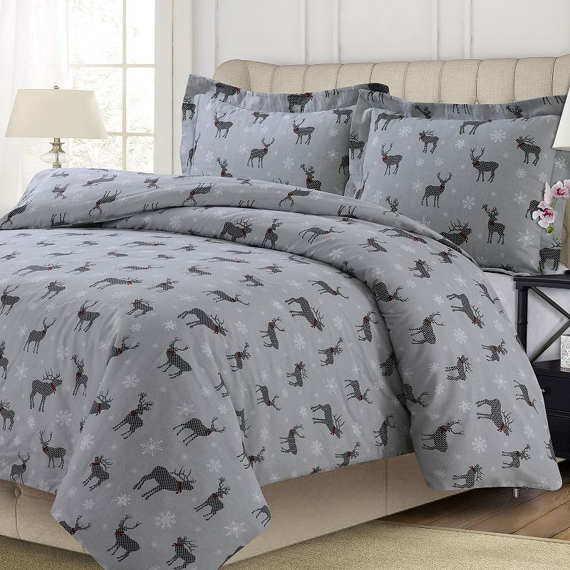 Printed Flannel 3-piece Duvet Cover Set, Light Grey, Full/Queen