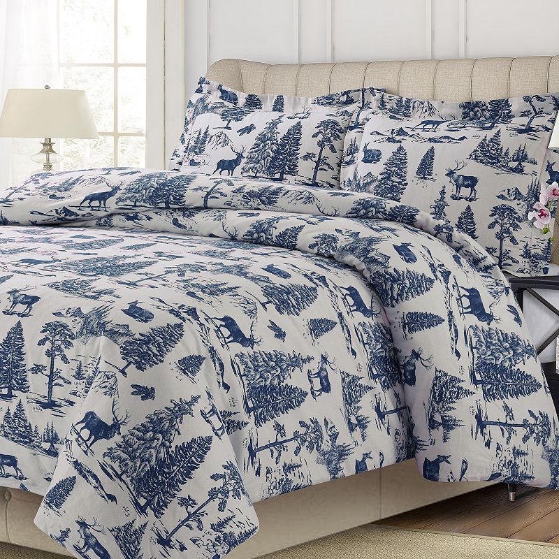 Printed Flannel 3-piece Duvet Cover Set, Dark Blue, King