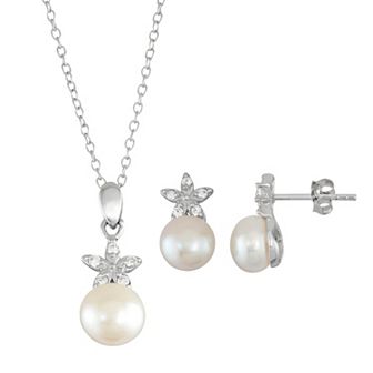 Sterling Silver Freshwater Cultured Pearl Flower Pendant & Stud Earring Set