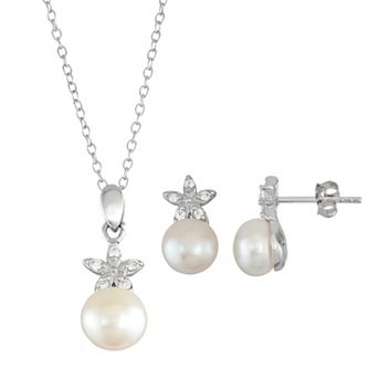 Sterling Silver Freshwater Cultured Pearl Flower Pendant & Stud Earring Set