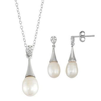 Sterling Silver Freshwater Cultured Pearl Pendant & Drop Earring Set