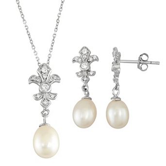 Sterling Silver Freshwater Cultured Pearl Fleur-de-Lis Pendant & Drop Earring Set