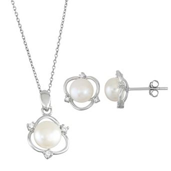Sterling Silver Freshwater Cultured Pearl Pendant & Stud Earring Set