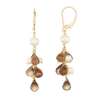 14k Gold Smoky Quartz Briolette & Freshwater Cultured Pearl Drop Earrings